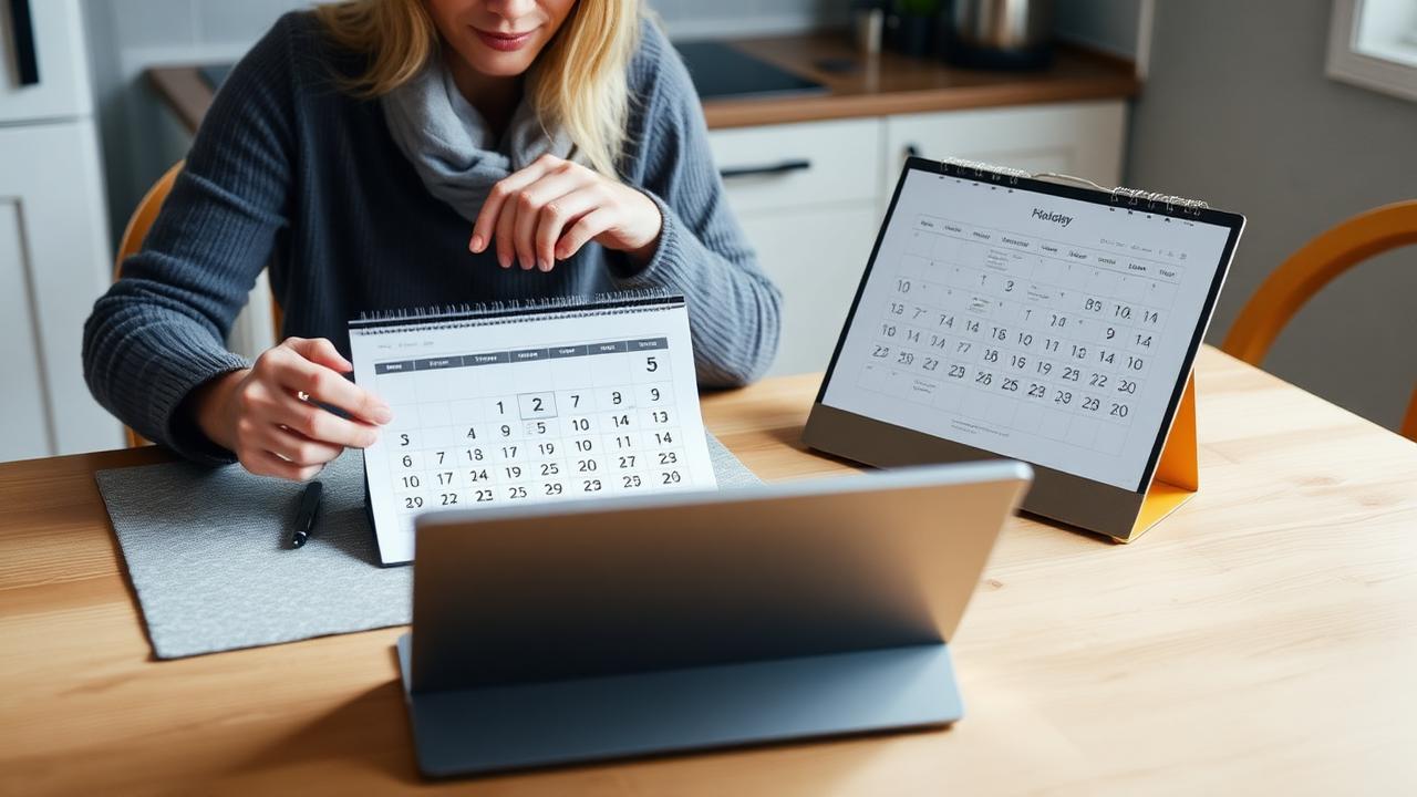 Person ved kjøkkenbord planlegger flyttedag med kalender og laptop