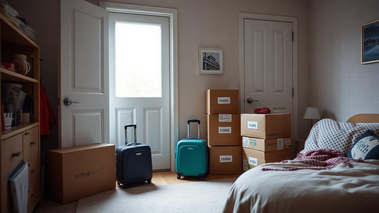 Barneværelse i norsk leilighet med to små kofferter og merkede flyttekasser ved døren