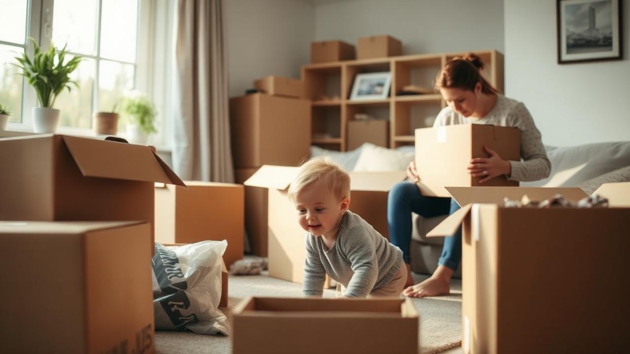 Norsk familie med lite barn som leker mellom flyttekasser i en lys stue