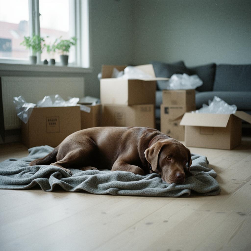 Rolig hund som ligger på et pledd i en delvis innpakket norsk leilighet