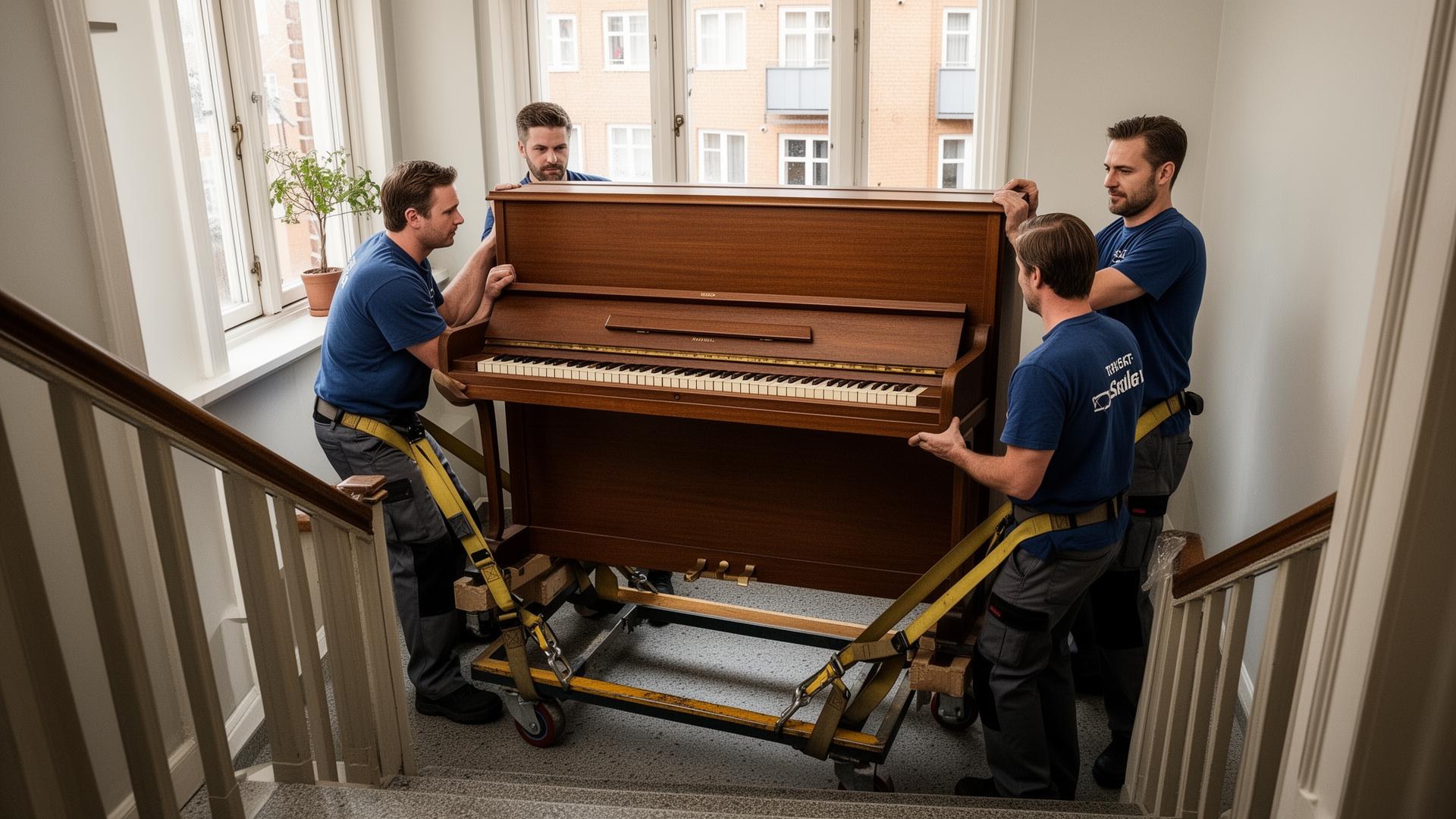 Profesjonelle pianoflyttere som transporterer et piano ned trappen