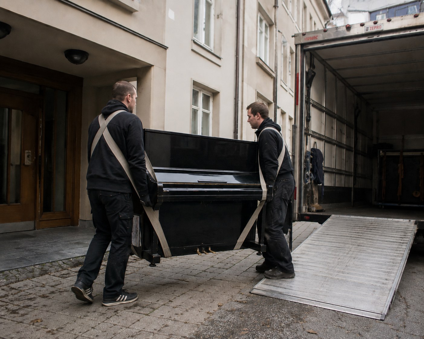 Profesjonelle pianoflyttere som transporterer et piano ned trappen