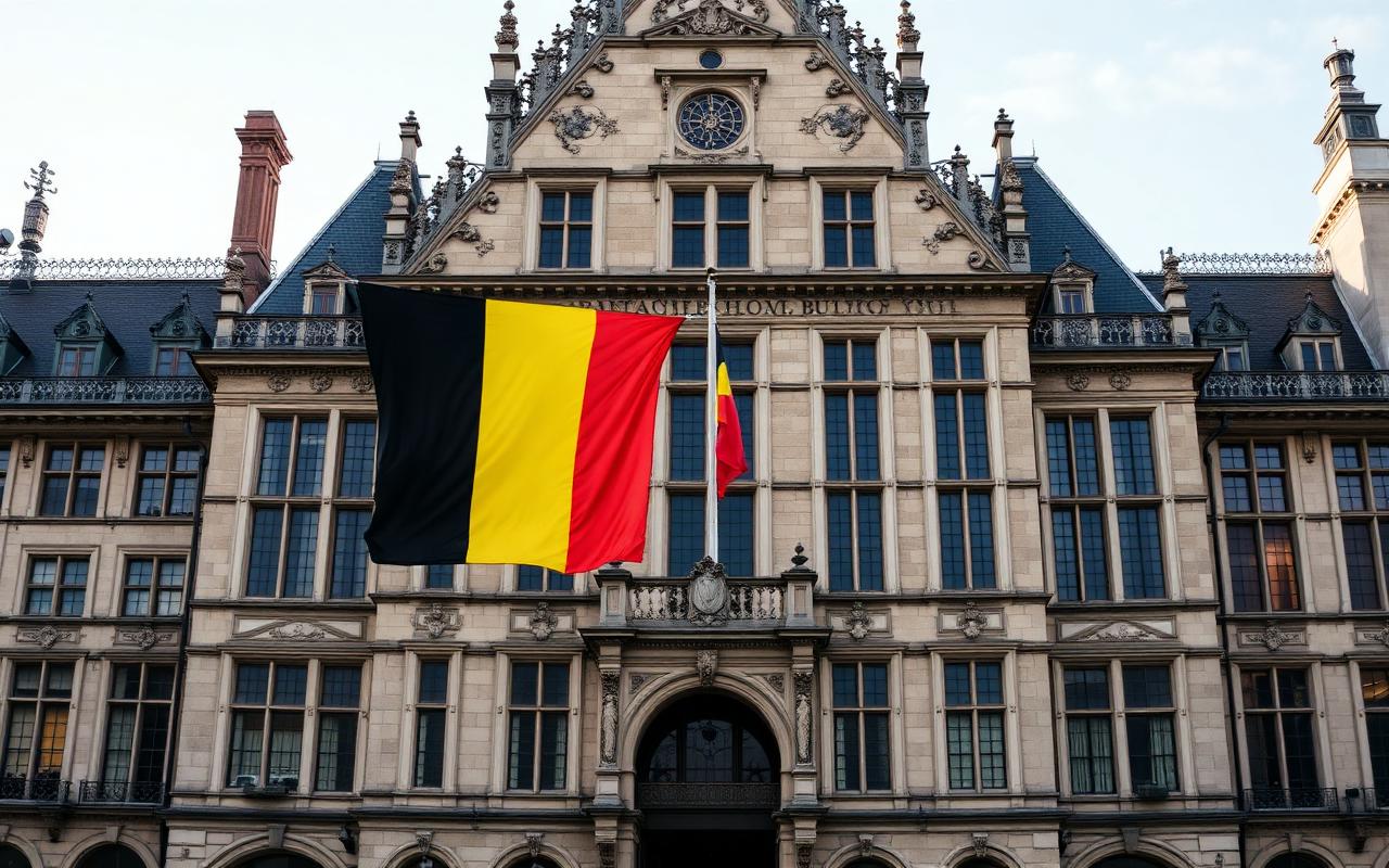 Historisk fasade i Brussel med belgisk flagg