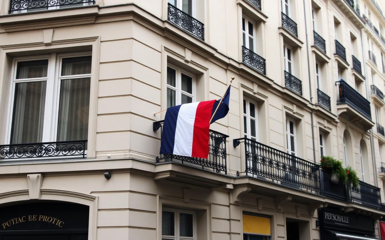 Parisisk fasade med fransk flagg på balkong