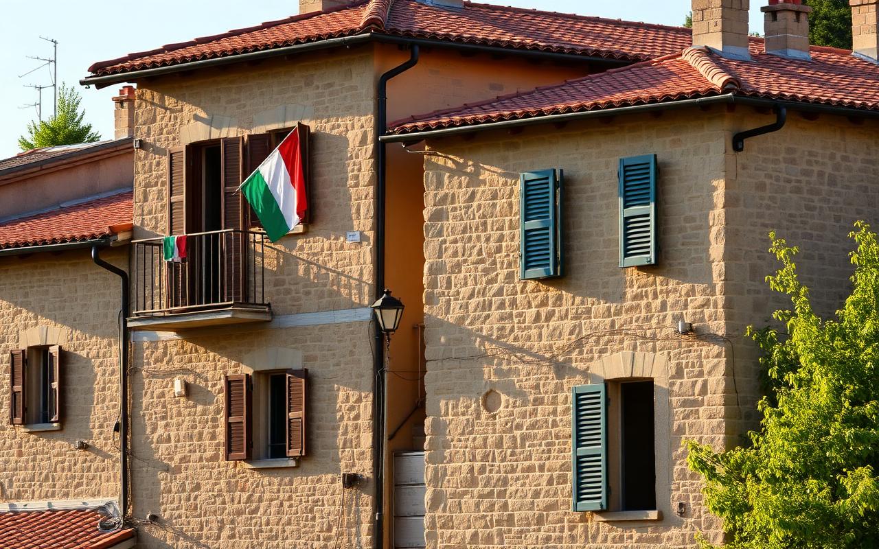 Toscansk steinhus med italiensk flagg