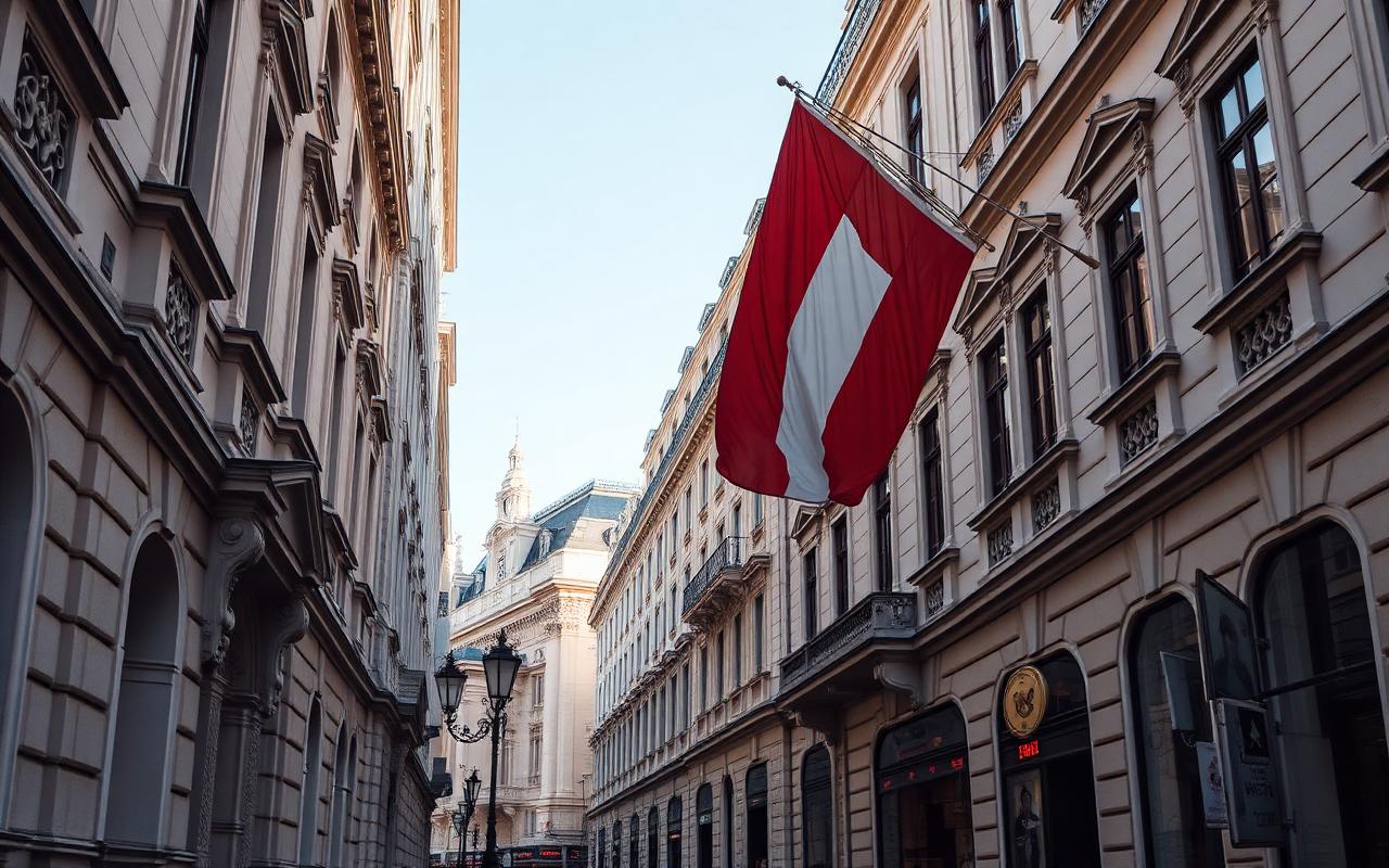 Historisk gate i Wien med østerriksk flagg på fasade