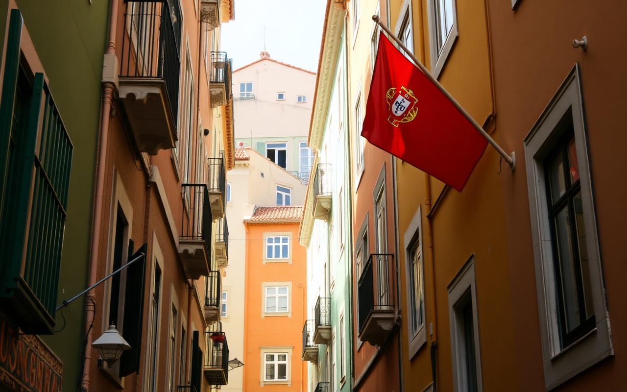 Fargerike fasader i Lisboa med portugisisk flagg