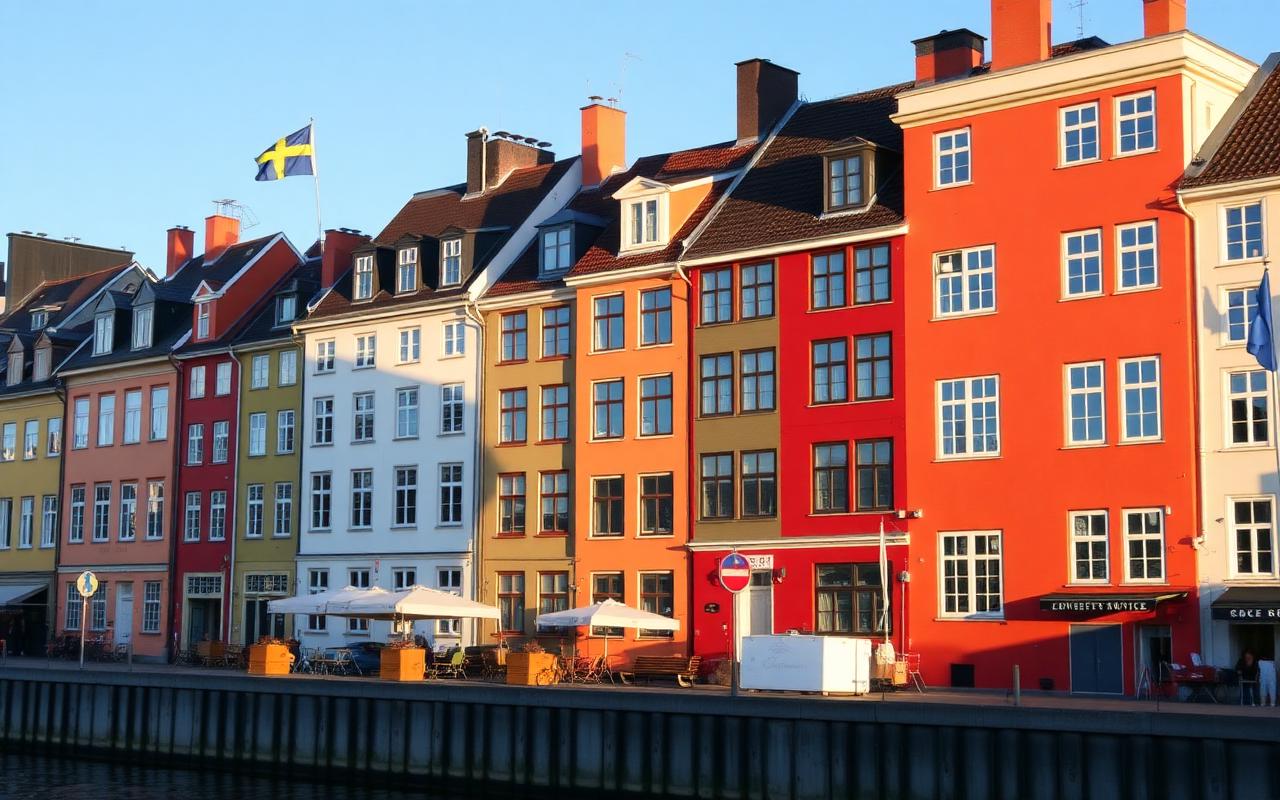 Fargerike trehus ved Stockholms vannfront med svensk flagg