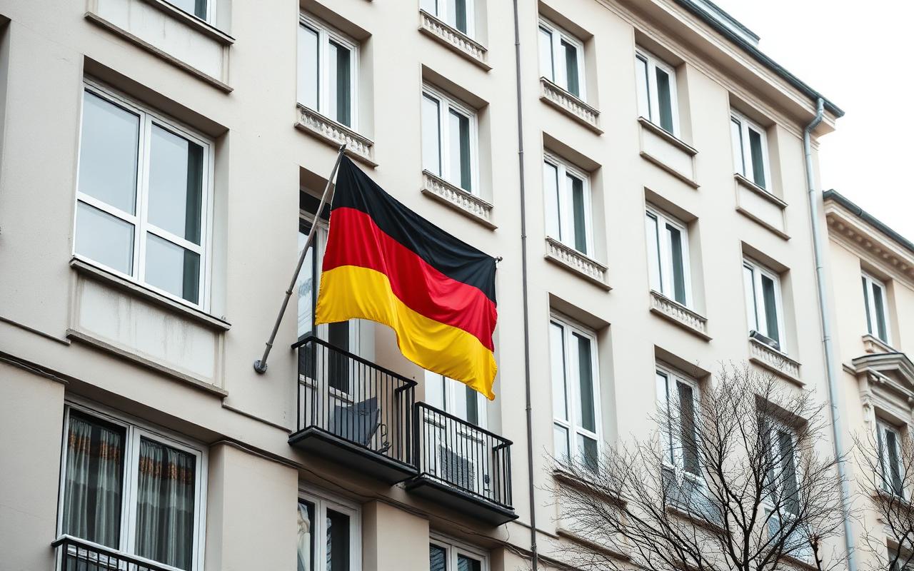 Berlin Altbau med tysk flagg på balkong