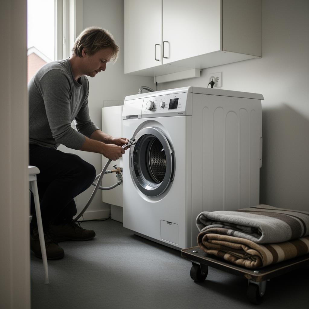 Person kobler fra vannslangen på en hvit frontmatet vaskemaskin i et norsk vaskerom, klar for flytting
