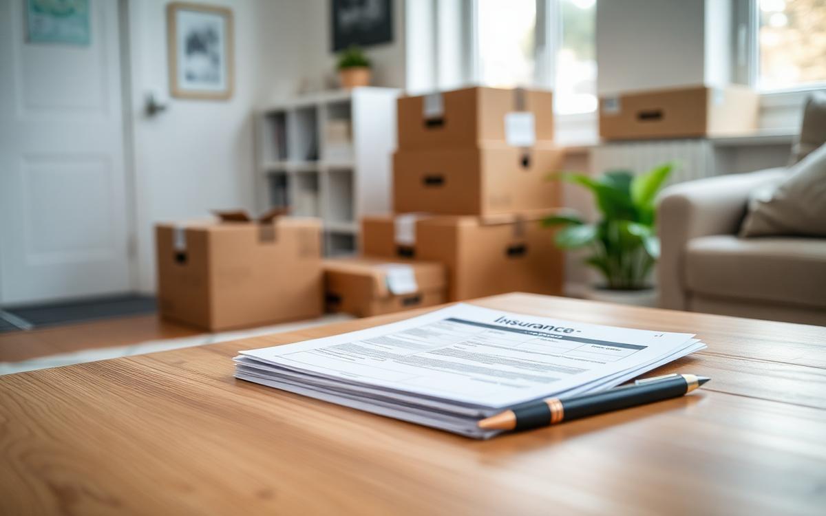 Forsikringsdokumenter og flytteesker som illustrerer flytteforsikring