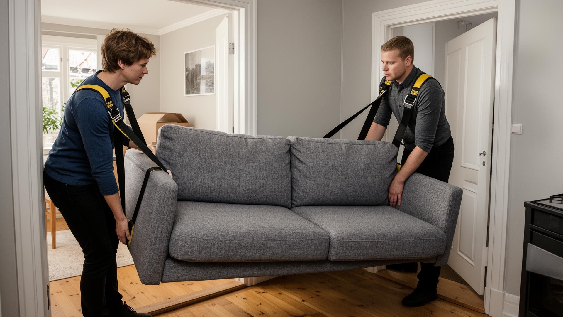 To personer som bruker bærestropper for å løfte tung sofa ved flytting