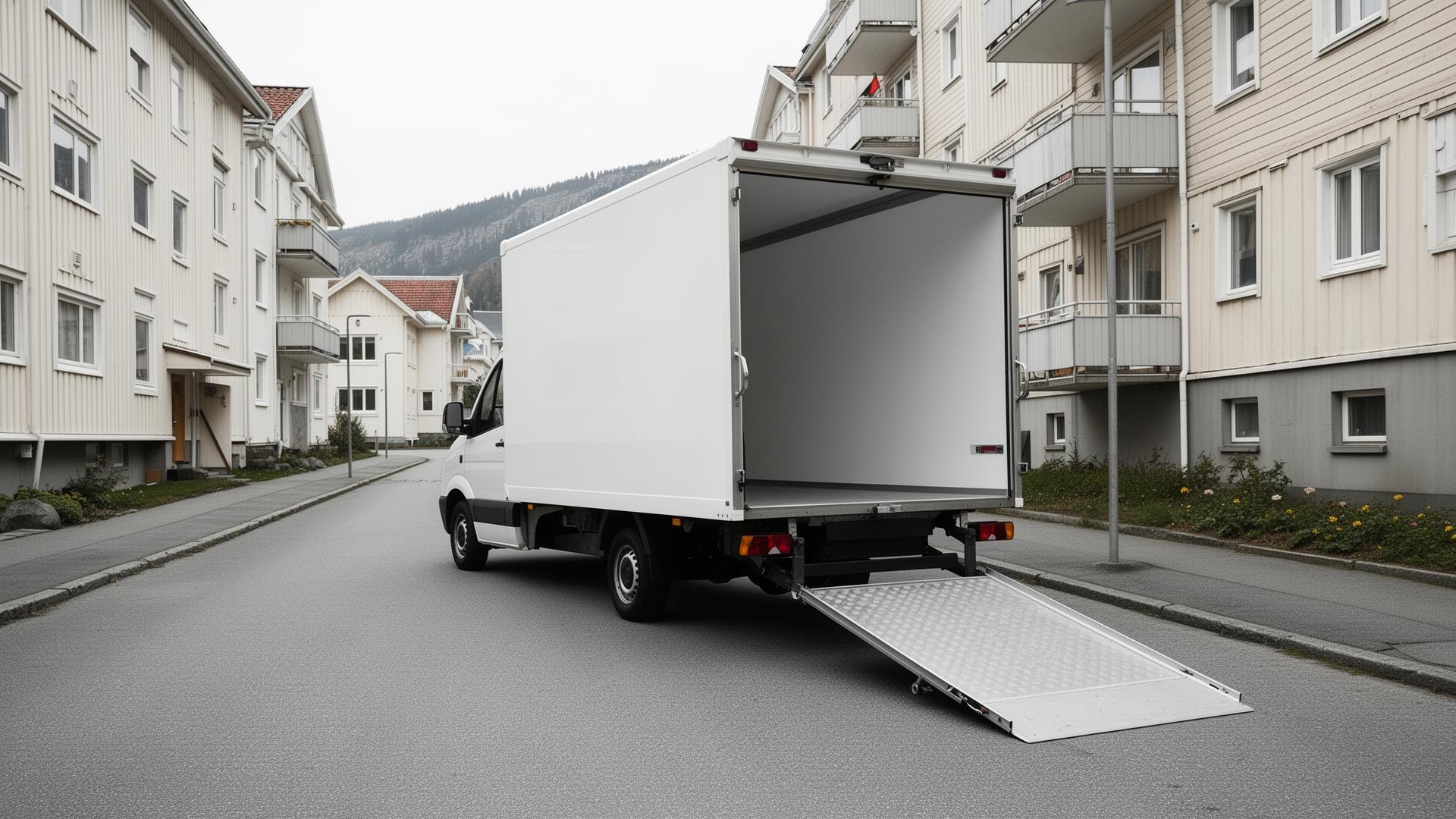 Hvit flyttebil med rampe parkert i en rolig norsk gate – guide til parkering av flyttebil