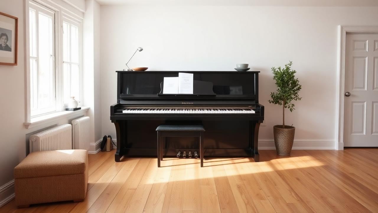 Oppreist piano i norsk stue med tregulv – pianoflytting krever profesjonell håndtering