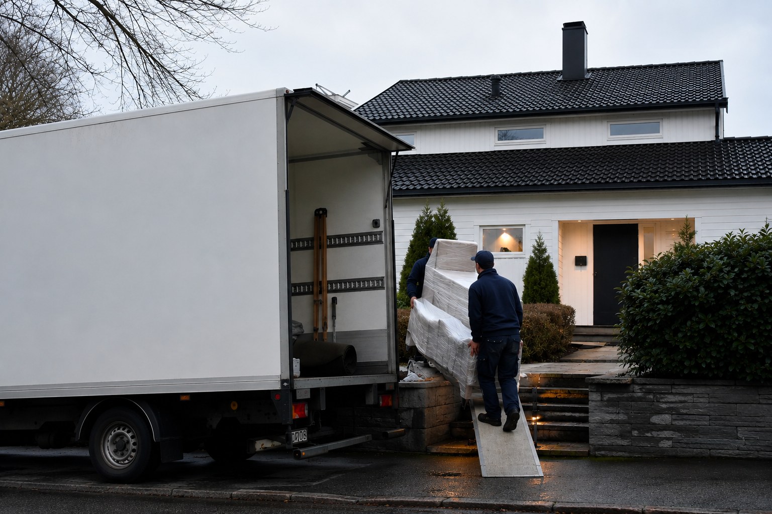 Flyttebyrå i Ål, Buskerud – to flyttemenn bærer innpakket møbel inn i flyttebil foran enebolig